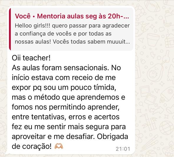 Mensagem de WhatsApp de aluna sobre o método