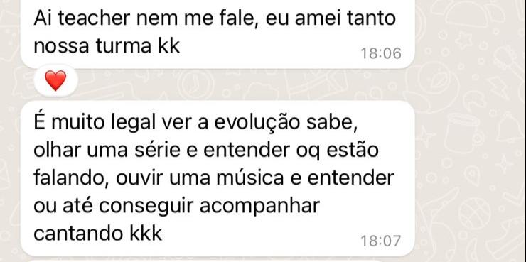 Mensagem de WhatsApp de aluna sobre entender séries e músicas